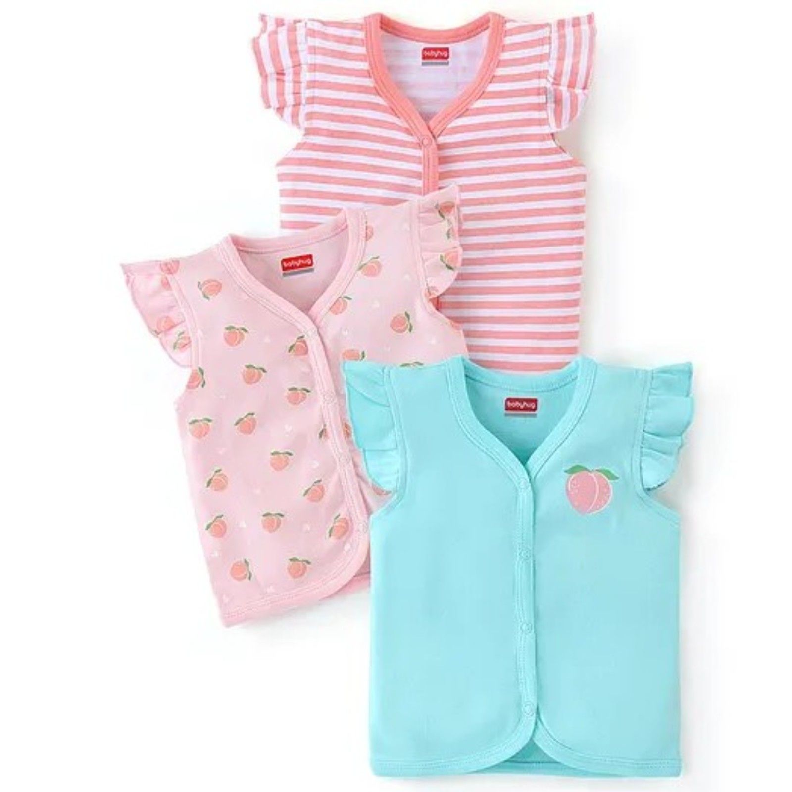 Babyhug 100% Cotton Half Sleeves Front Open Vest Pack Of 3 - Pink & Blue-9-12m